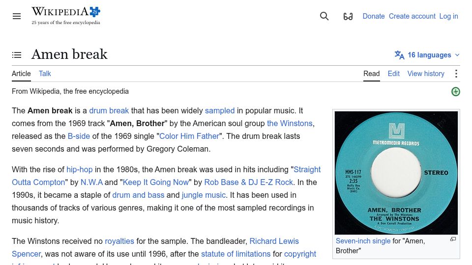 Screenshot of en.wikipedia.org: Amen Break