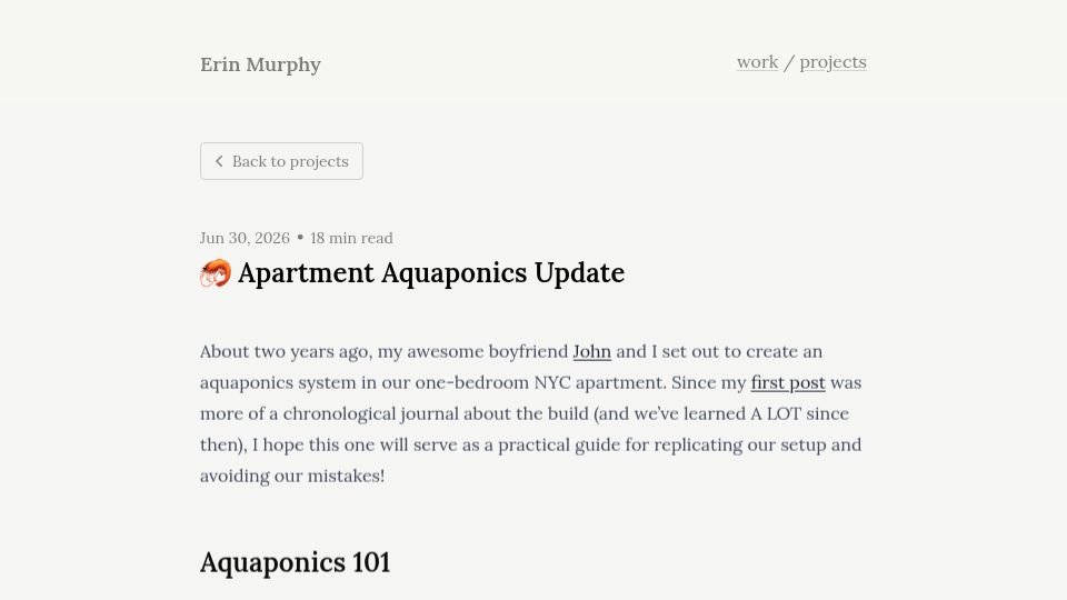 Screenshot of erinmurphy.dev: NYC Apartment Aquaponics
