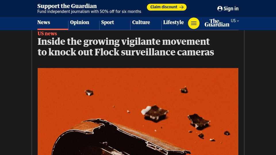 Screenshot of theguardian.com: The growing vigilante movement to knock out Flock surveillance cameras