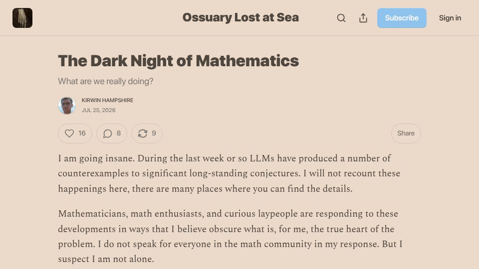 Screenshot of kirwinhampshire.substack.com: The Dark Night of Mathematics