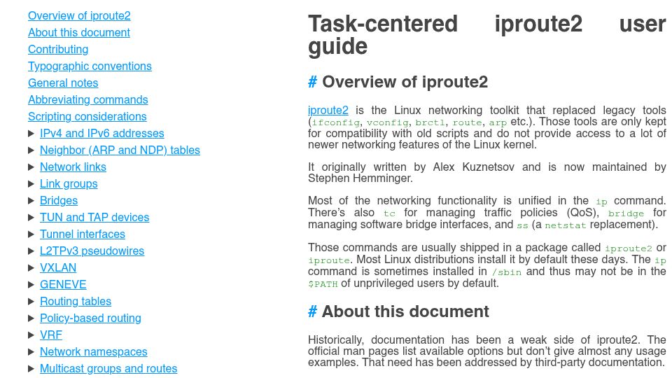 Screenshot of baturin.org: Task-centered iproute2 user guide