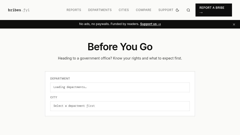 Screenshot of bribes.fyi: Show HN: Bribes.fyi – Know before you go. New feature added