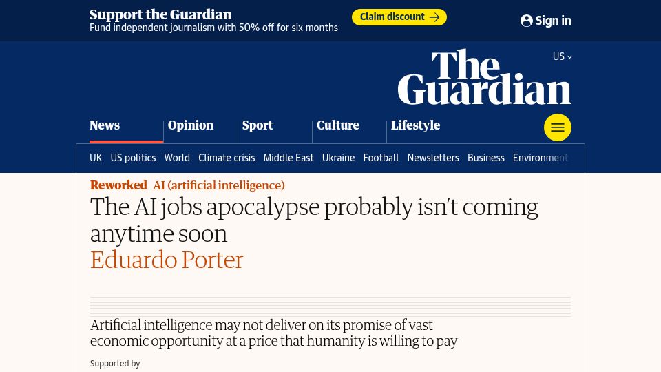 Screenshot of theguardian.com: The AI jobs apocalypse probably isn't coming anytime soon