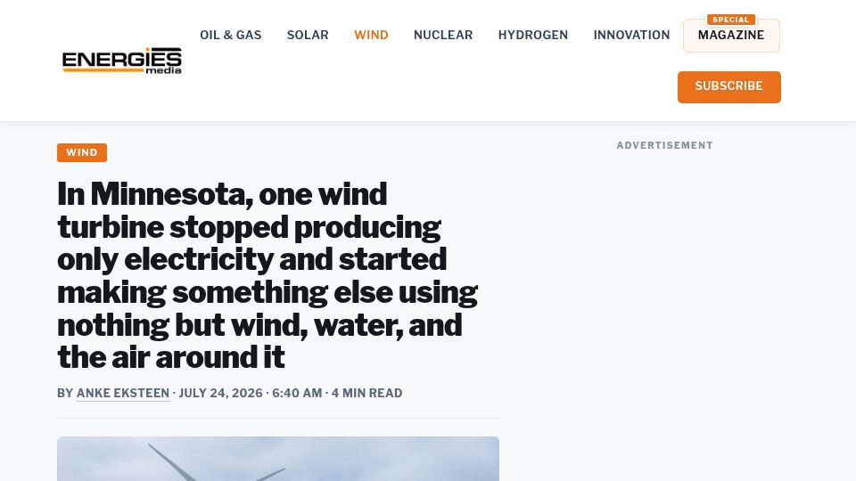 Screenshot of energiesmedia.com: Wind turbine is being used to produce zero-carbon "green ammonia" fertilizer