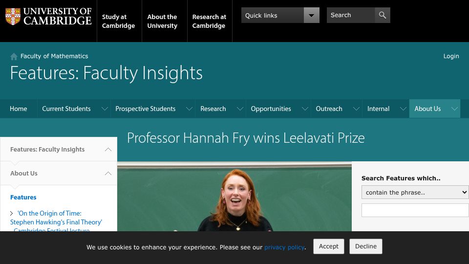 Screenshot of maths.cam.ac.uk: Hannah Fry Wins the Leelavati Prize in 2026 for Mathematics Outreach