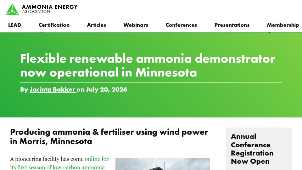 Screenshot of ammoniaenergy.org: Producing ammonia and fertiliser using wind power in Morris, Minnesota