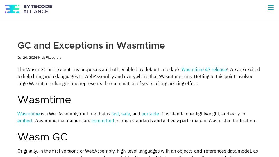 Screenshot of bytecodealliance.org: GC and Exceptions in Wasmtime