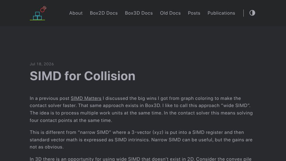 Screenshot of box2d.org: SIMD for Collision