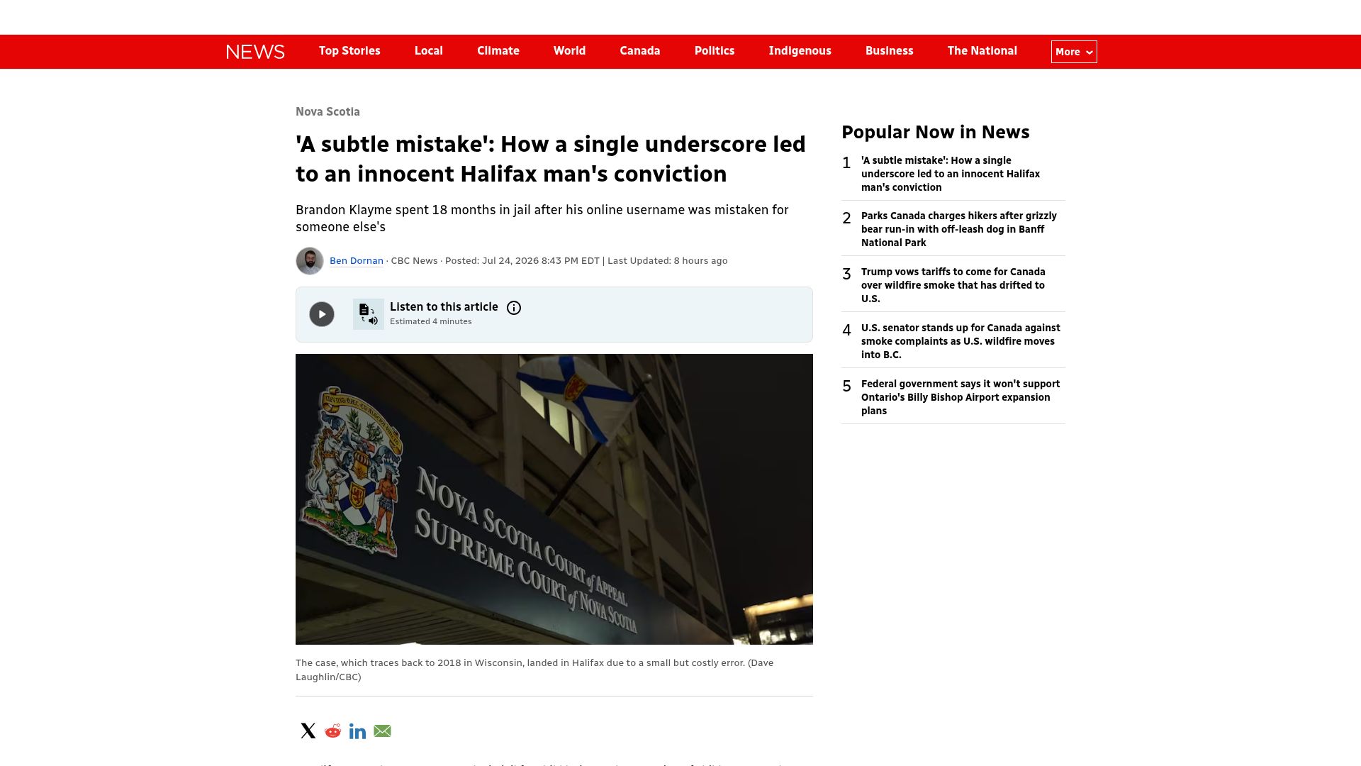 Screenshot of cbc.ca: Man convicted of child sex crime by added _ char "Fus Ro Dah" Skyrim username