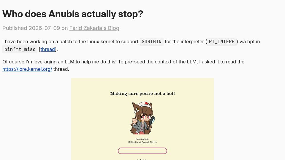 Screenshot of fzakaria.com: Who does Anubis actually stop?