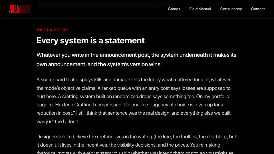 Screenshot of areadenial.games: League of Legends designer shares game design field manual
