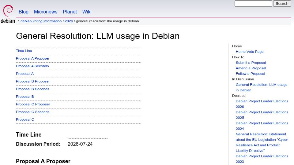 Screenshot of debian.org: LLM Usage in Debian: Three Proposals