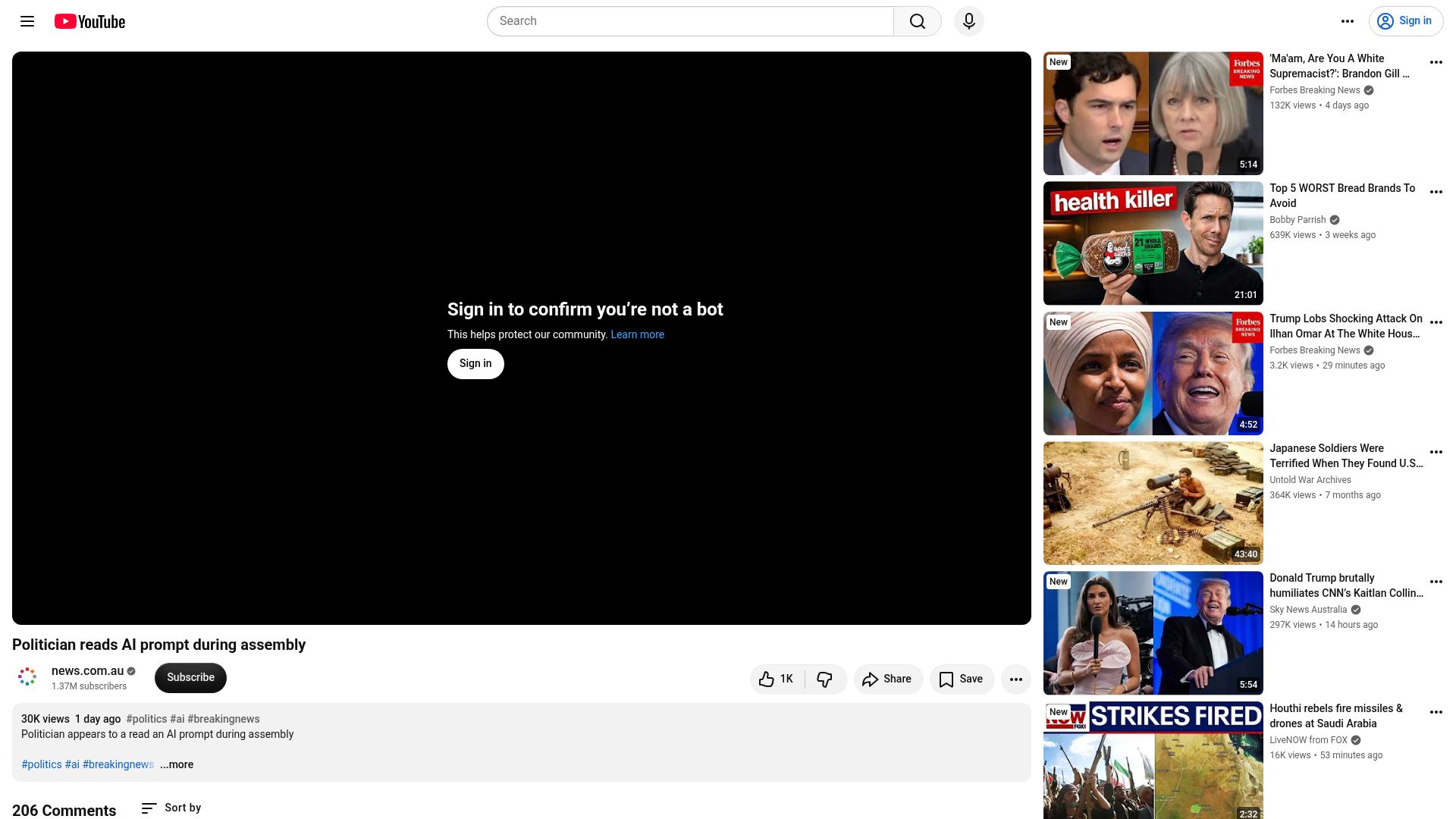 Screenshot of youtube.com: Politician reads AI prompt during assembly
