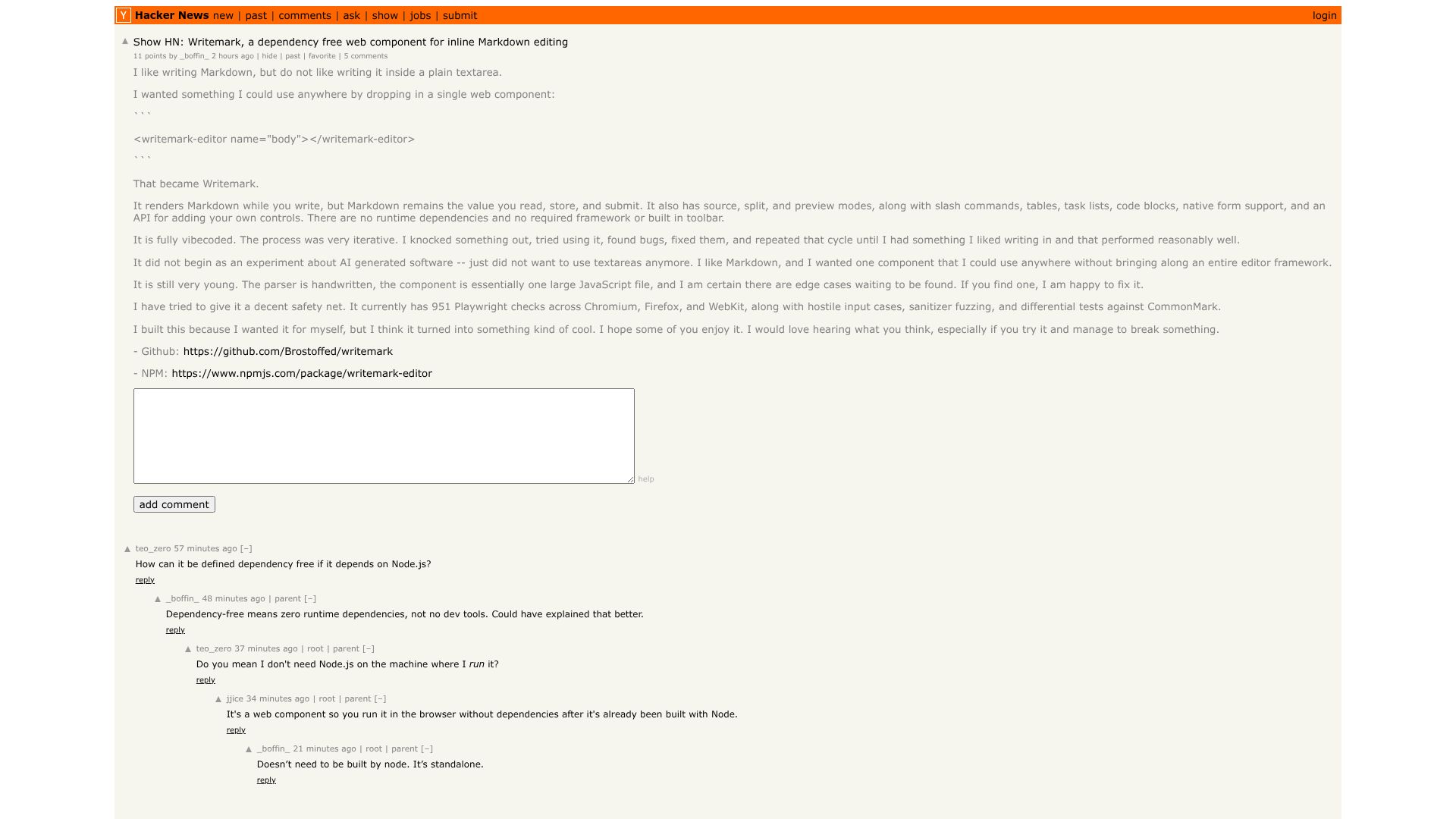 Screenshot of this Hacker News post: Show HN: Writemark, a dependency free web component for inline Markdown editing