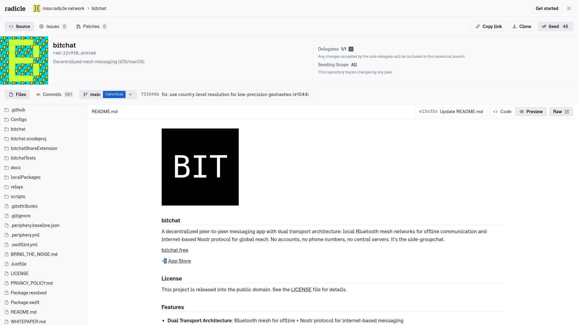 Screenshot of radicle.network: Bitchat is now on Radicle