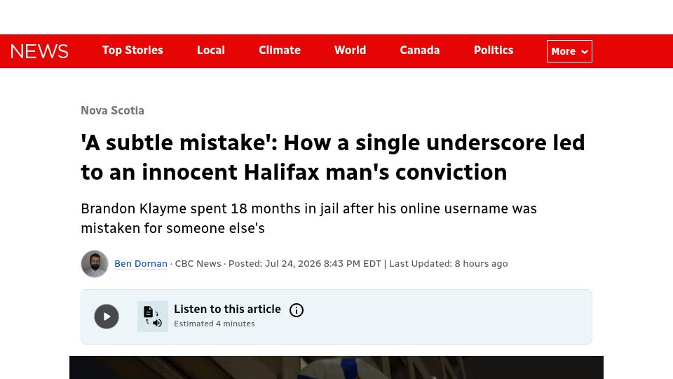 Screenshot of cbc.ca: Man convicted of child sex crime by added _ char "Fus Ro Dah" Skyrim username