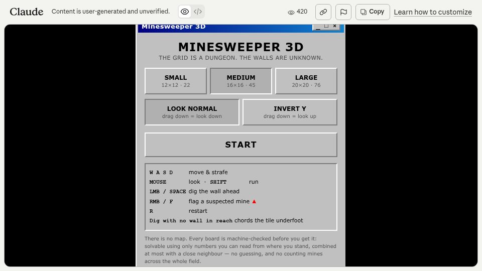Screenshot of claude.ai: Show HN: Minesweeper Raycasted