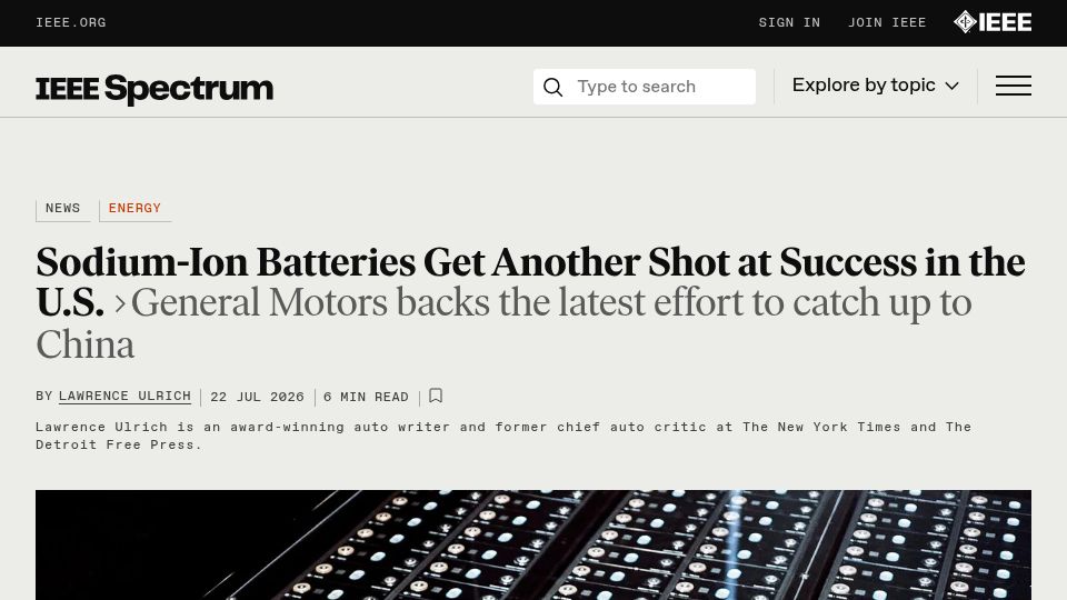 Screenshot of spectrum.ieee.org: GM Backs Sodium Ion Batteries for U.S. Grid Storage