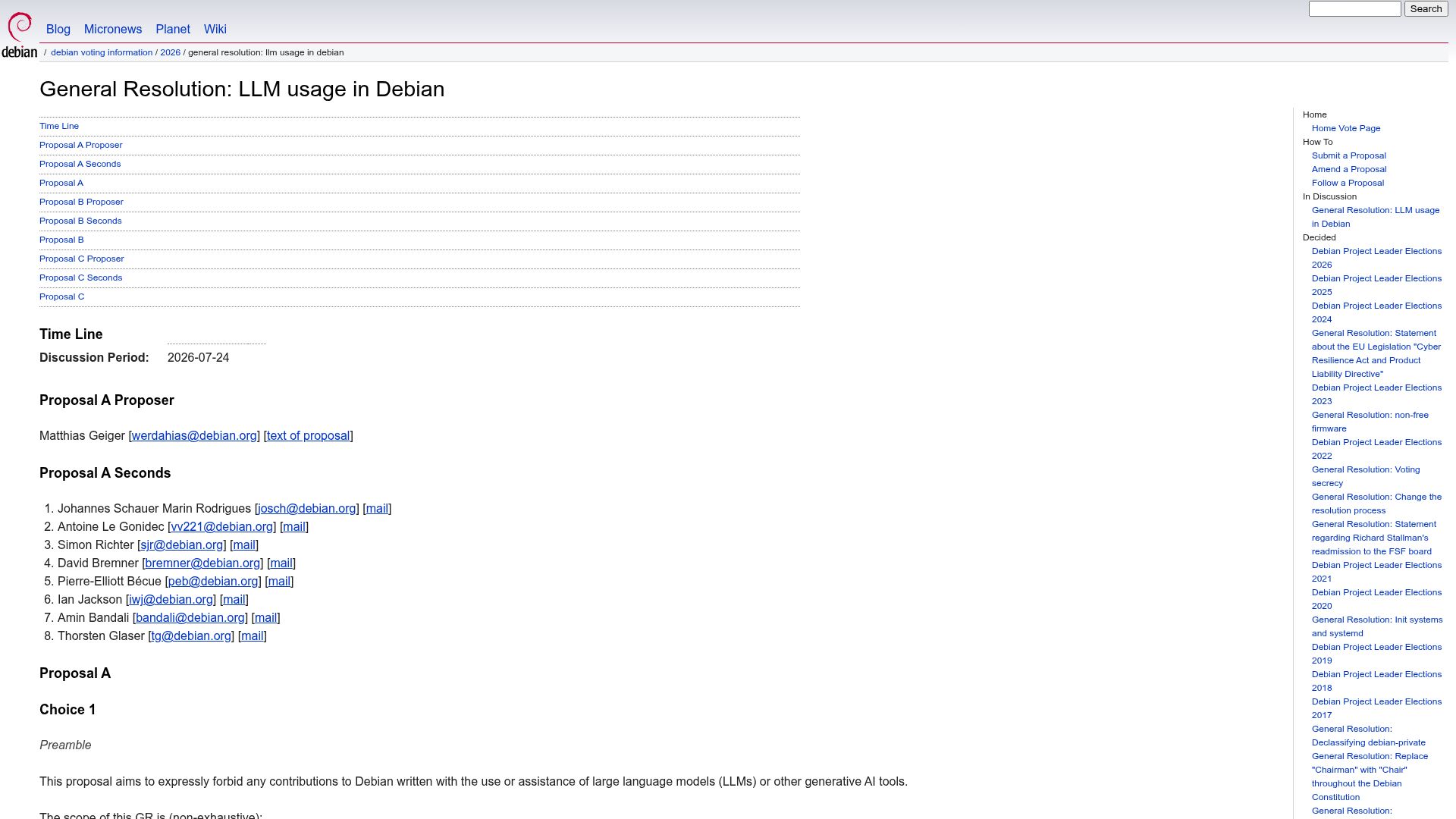 Screenshot of debian.org: LLM Usage in Debian: Three Proposals