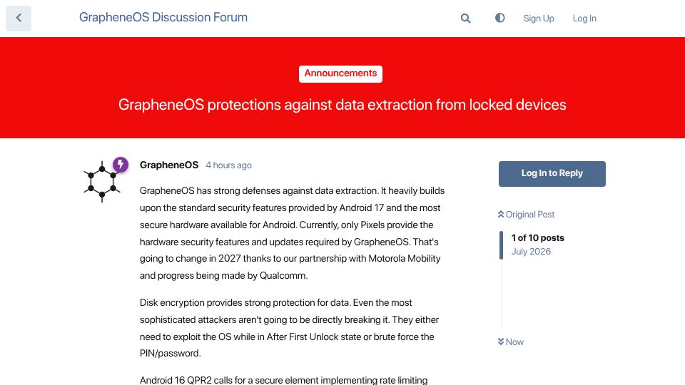 Screenshot of discuss.grapheneos.org: GrapheneOS protections against data extraction from locked devices