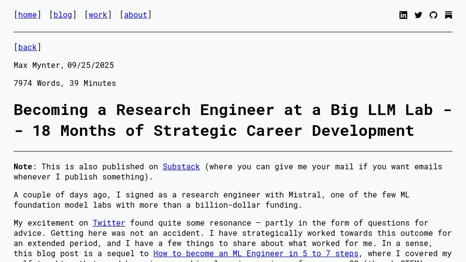 Screenshot of maxmynter.com: Becoming a Research Engineer at a Big LLM Lab