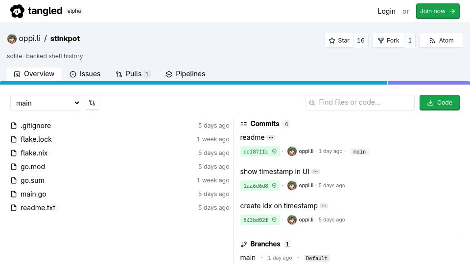 Screenshot of tangled.org: Stinkpot: SQLite-backed shell history