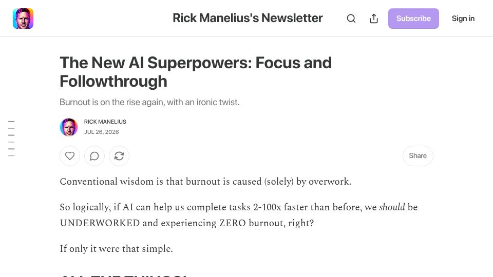 Screenshot of rickmanelius.com: The New AI Superpowers: Focus and Followthrough