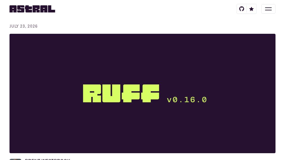 Screenshot of astral.sh: Ruff v0.16.0 – Significant new updates – 413 default rules up from 59