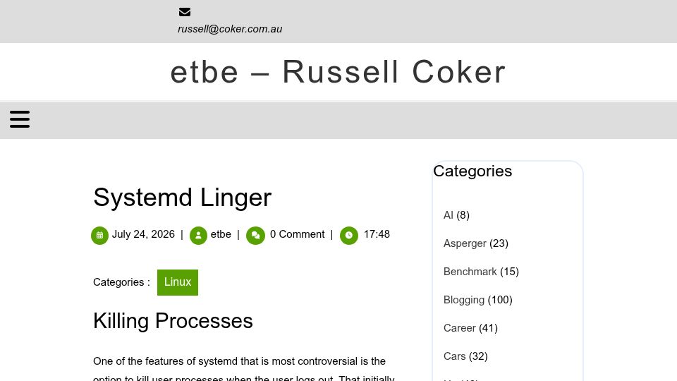 Screenshot of etbe.coker.com.au: Systemd Linger
