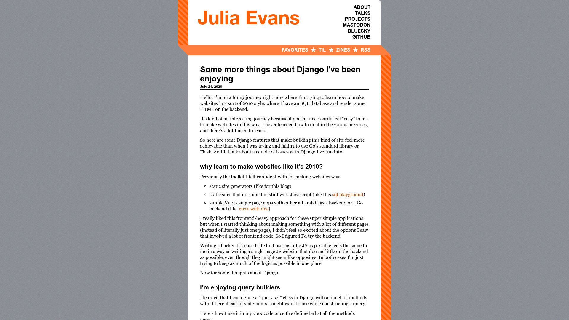 Screenshot of jvns.ca: Some more things about Django I've been enjoying