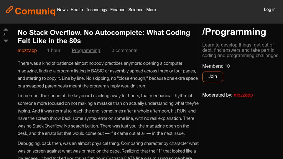 Screenshot of comuniq.xyz: No Stack Overflow, No Autocomplete: What Coding Felt Like in the 80s