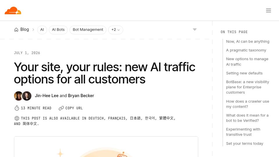 Screenshot of blog.cloudflare.com: Cloudflare's new AI traffic options for customers