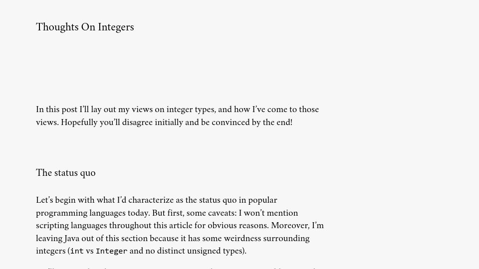 Screenshot of blog.xoria.org: Thoughts on Integers (2023)