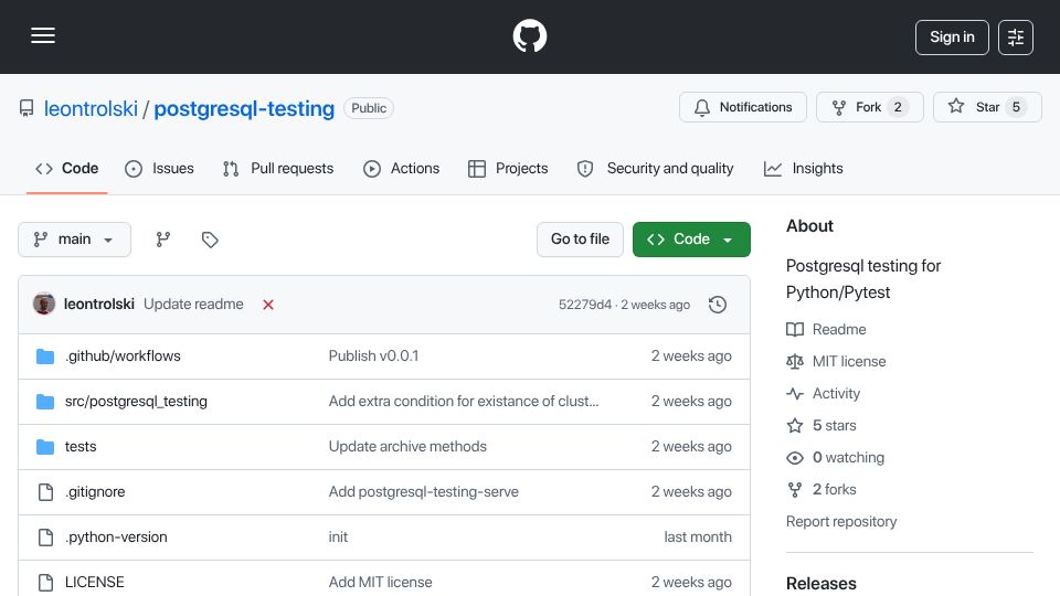 Screenshot of github.com: Pip install Postgres – no Docker/Brew/apt