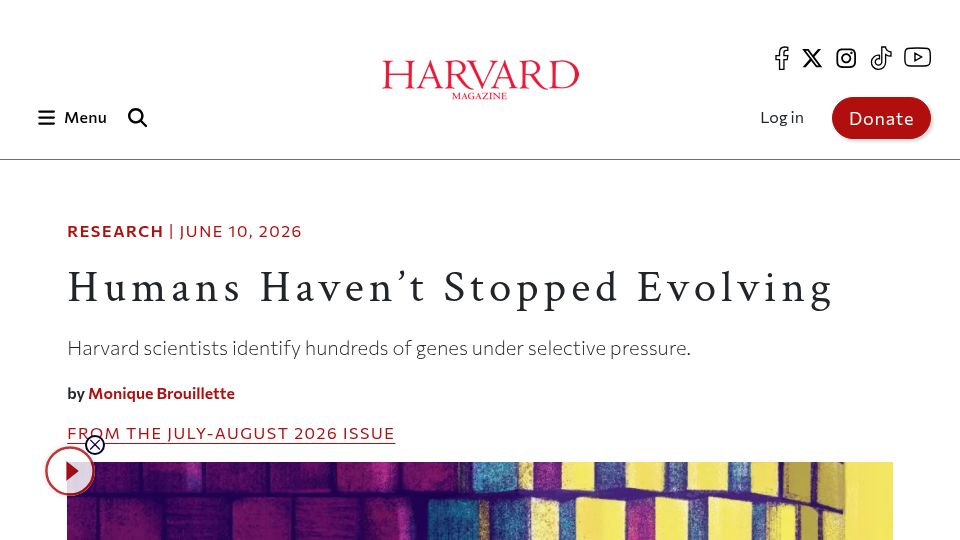 Screenshot of harvardmagazine.com: Humans haven't stopped evolving