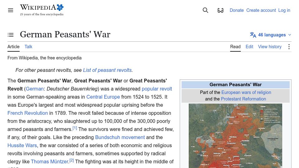 Screenshot of en.wikipedia.org: German Peasants' War