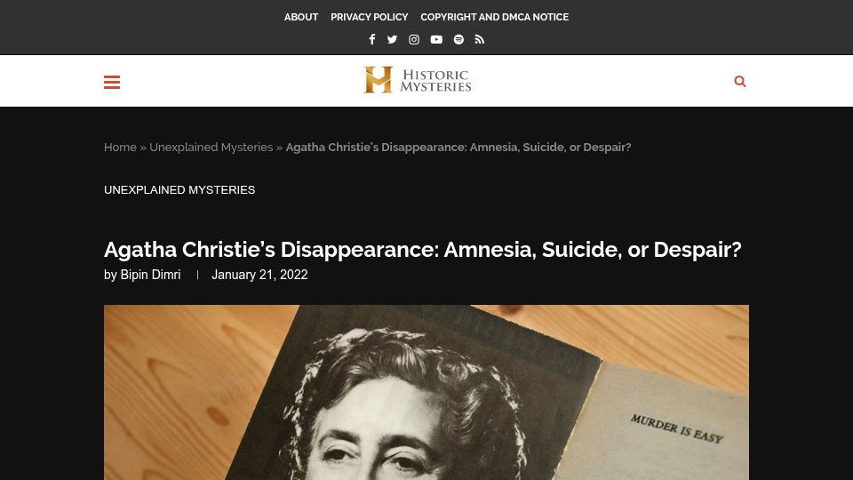 Screenshot of historicmysteries.com: Agatha Christie's Disappearance: Amnesia, Suicide, or Despair?