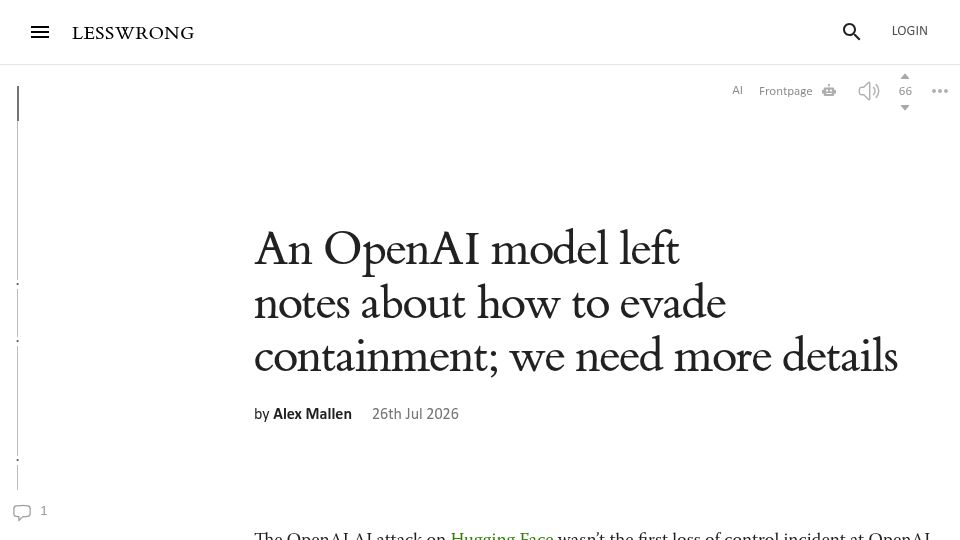 Screenshot of lesswrong.com: An OpenAI model left notes about how to evade containment; we need more details
