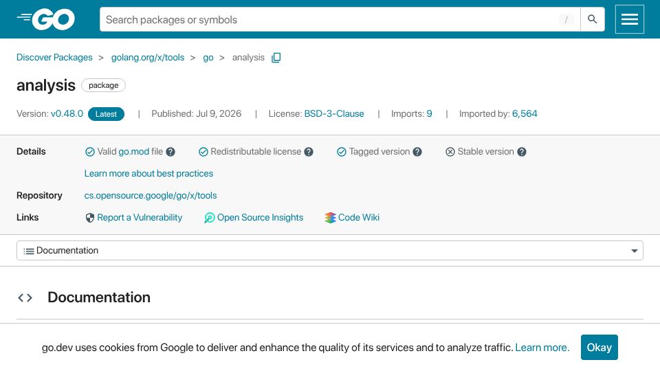 Screenshot of pkg.go.dev: Go Analysis Framework: modular static analysis by go team