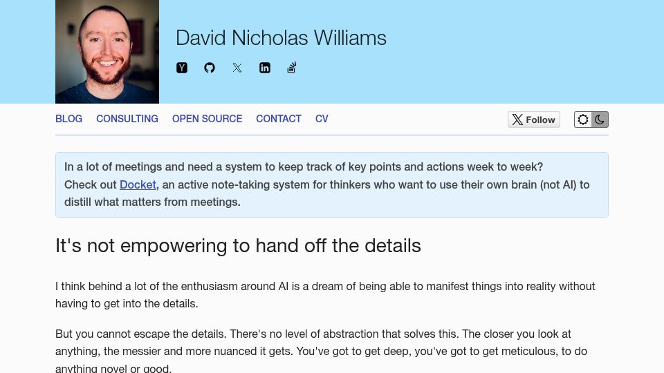 Screenshot of davidnicholaswilliams.com: It's not empowering to hand off the details