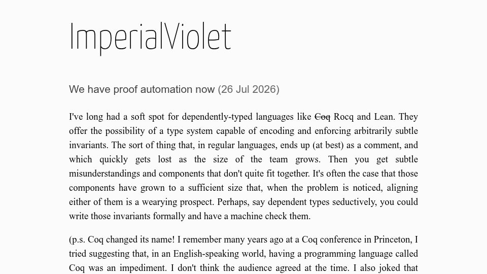 Screenshot of imperialviolet.org: We have proof automation now