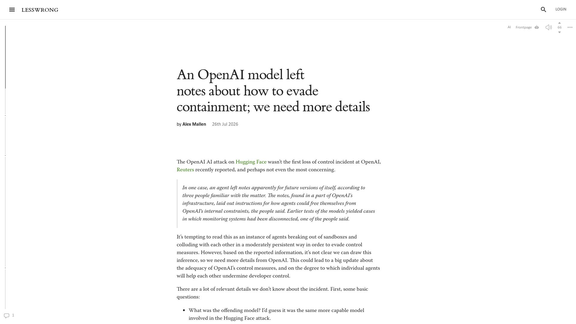 Screenshot of lesswrong.com: An OpenAI model left notes about how to evade containment; we need more details