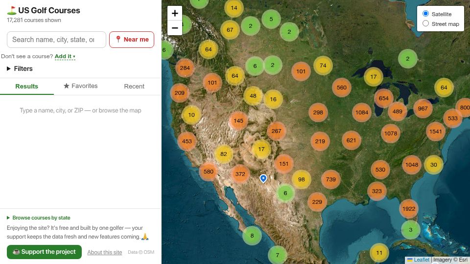 Screenshot of golfcoursebrowser.com: Show HN: I mapped every US golf course