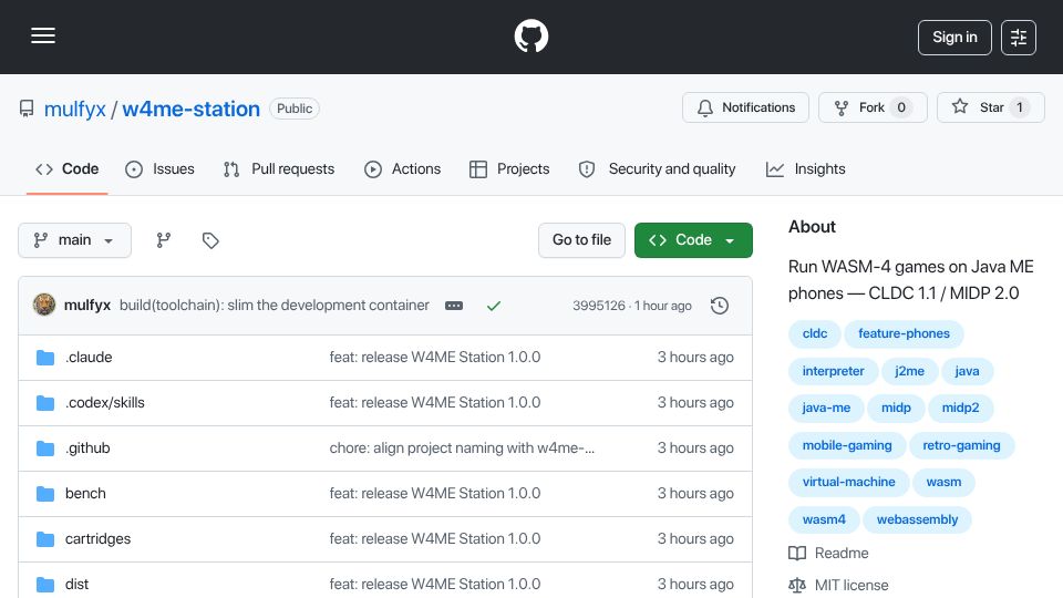 Screenshot of github.com: W4ME Station – a WASM-4 runtime for Java ME phones