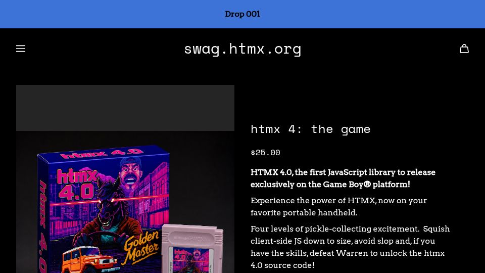 Screenshot of swag.htmx.org: Htmx 4.0, the first JavaScript library to release exclusively on the Game Boy