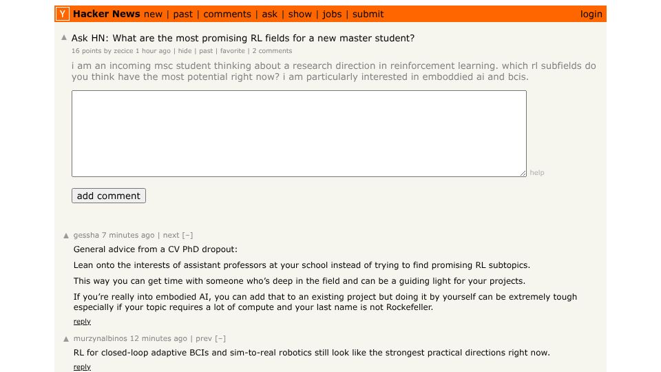 Screenshot of Hacker News post: Ask HN: What are the most promising RL fields for a new master student?