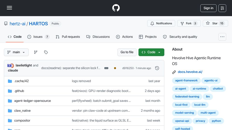Screenshot of github.com: Show HN: HART OS – an open-source AI OS built so frontier AI needs no datacenter