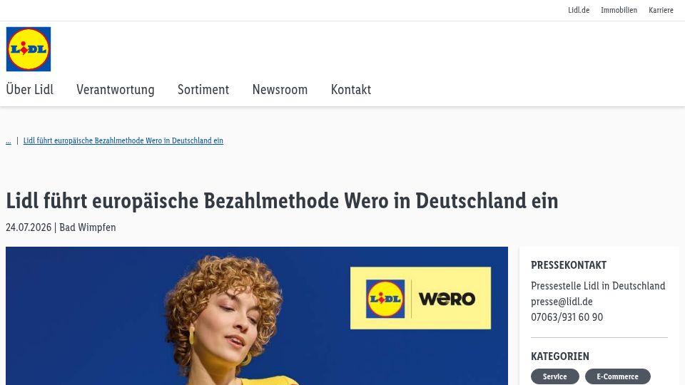 Screenshot of unternehmen.lidl.de: Lidl Introduces the European Payment Method Wero in Germany