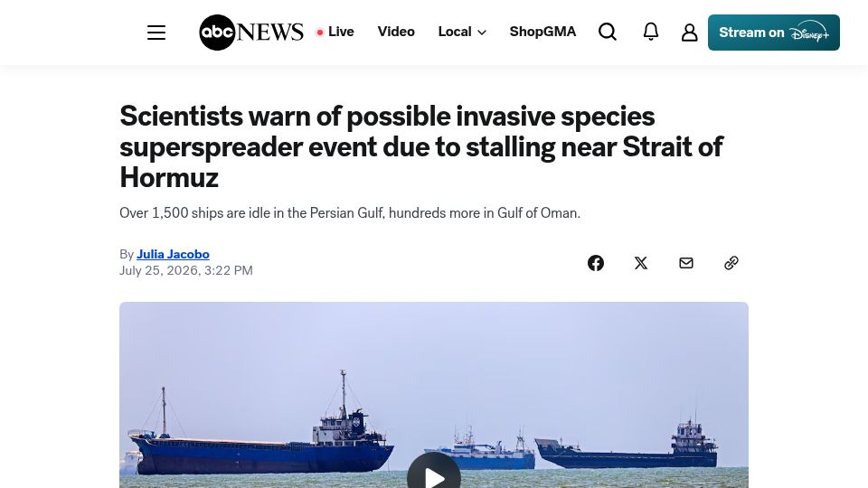 Screenshot of abcnews.com: Possible invasive species superspreader event near Strait of Hormuz
