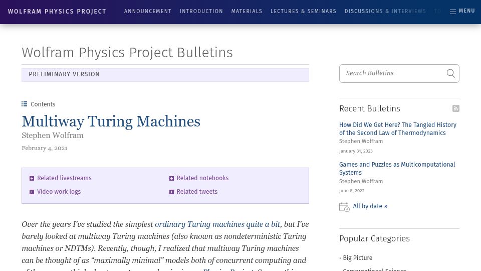 Screenshot of bulletins.wolframphysics.org: Multiway Turing Machines (2021 pre-ai)